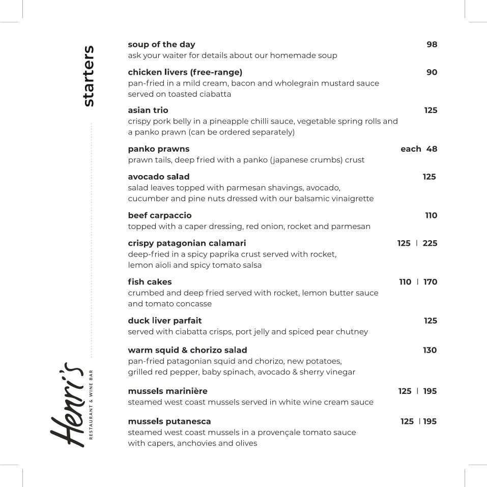 Henri's Restaurant and Wine Bar, Cape Town South Africa